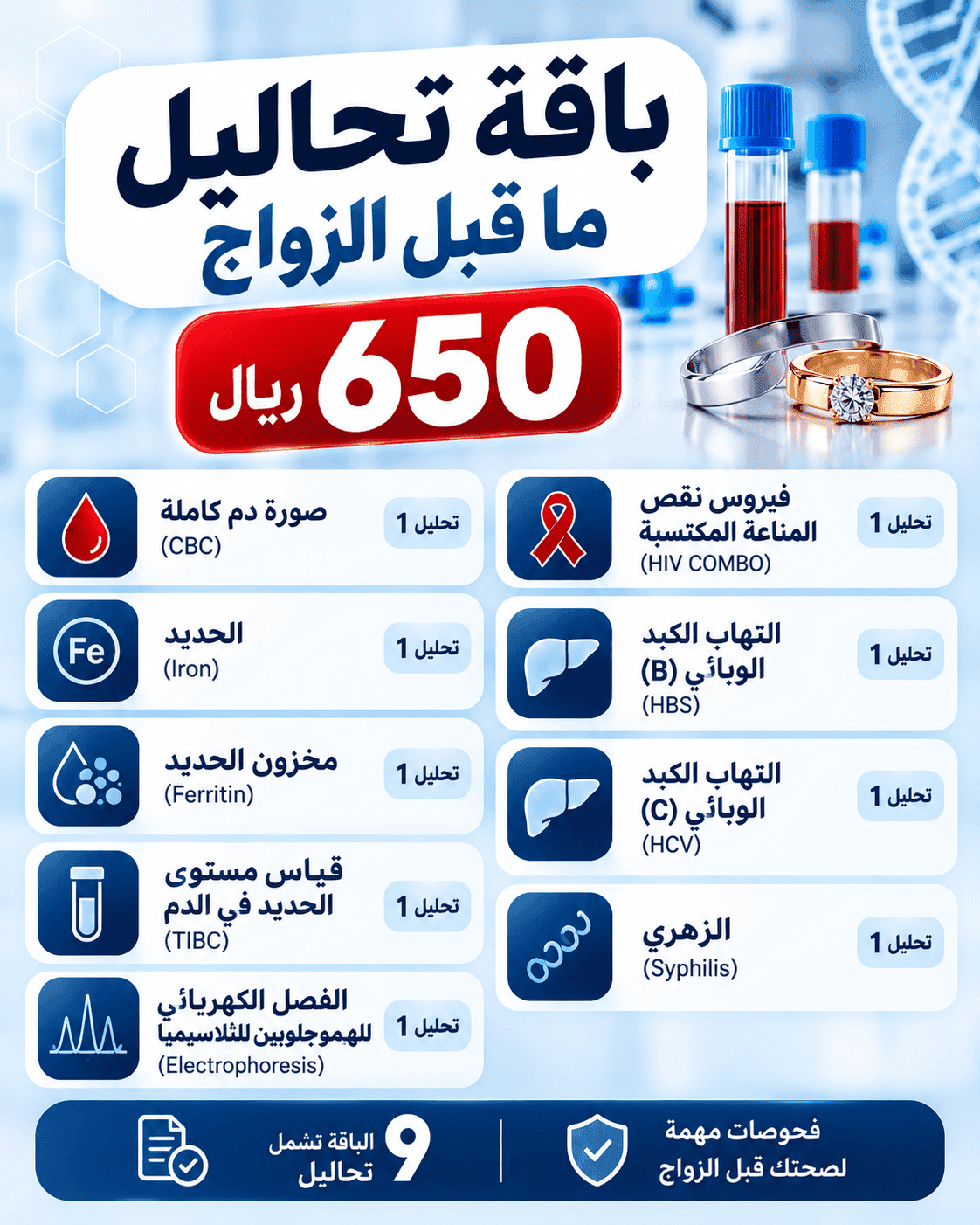 باقة تحاليل ما قبل الزواج